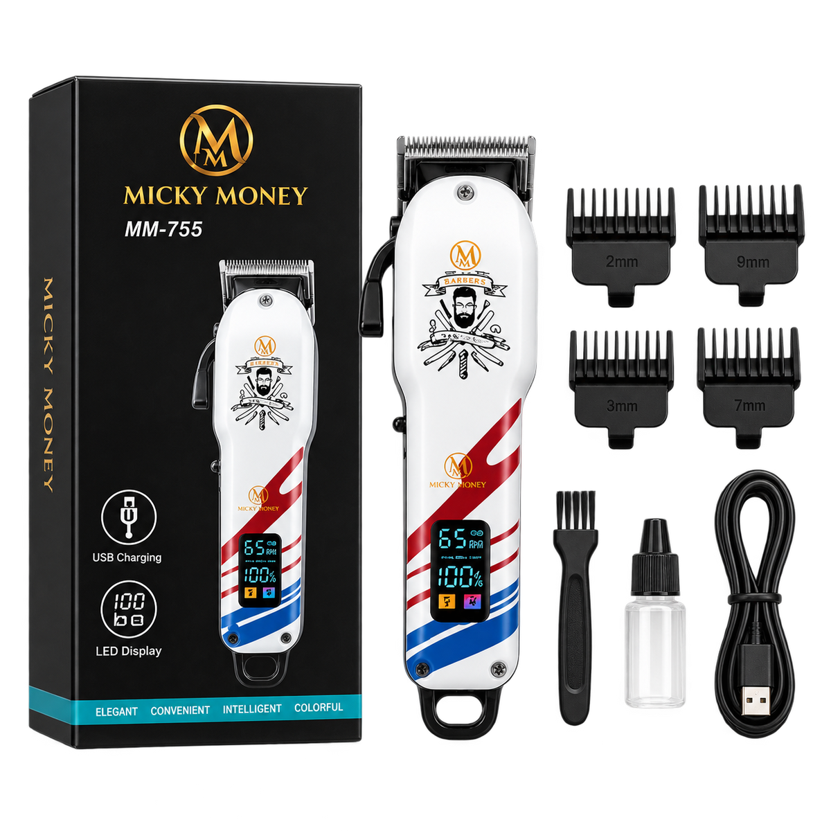MM755 Hair Clipper — Barber Grade, 8 Guide Combs