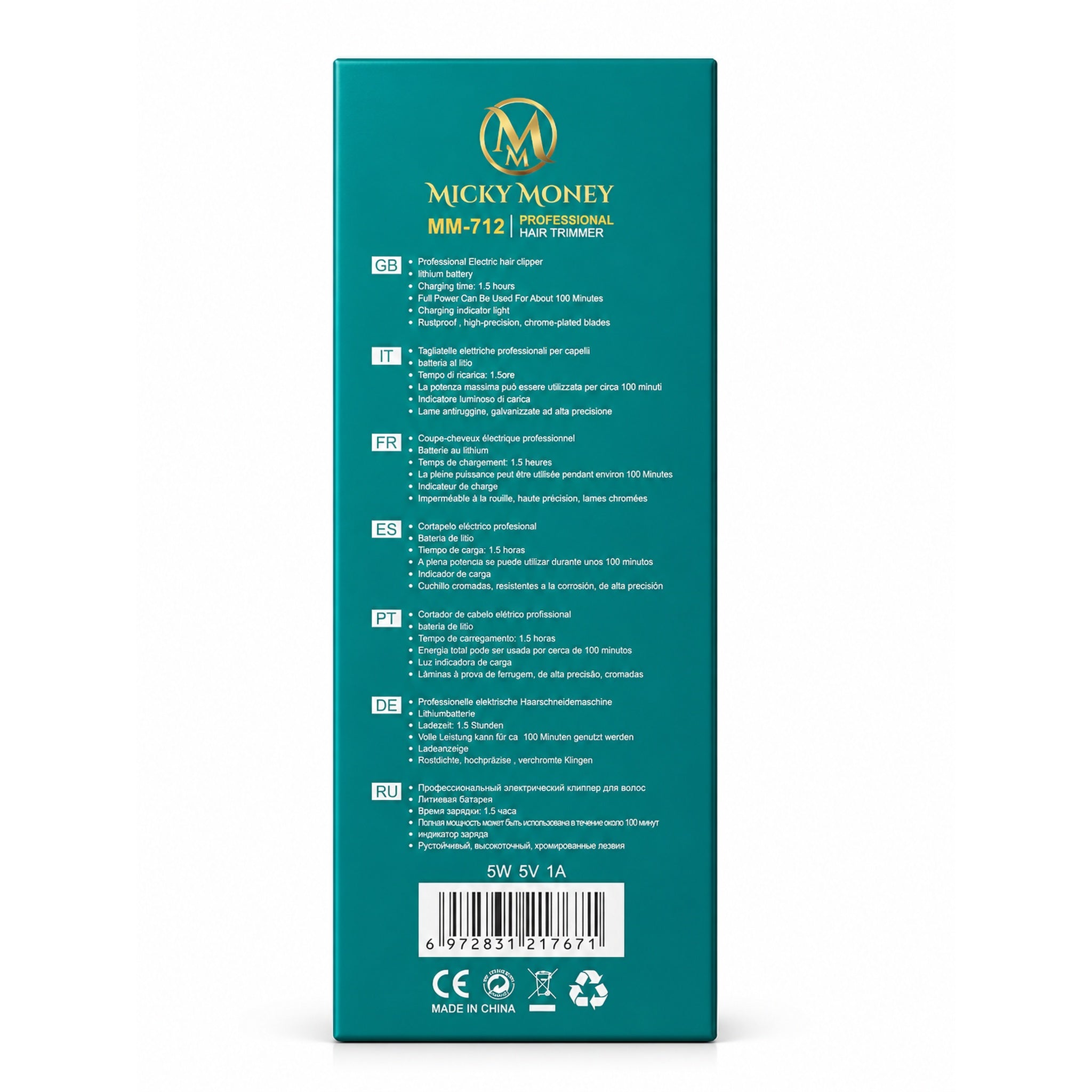 MM712 Hair Trimmer — Cordless, Chrome-Plated Blade